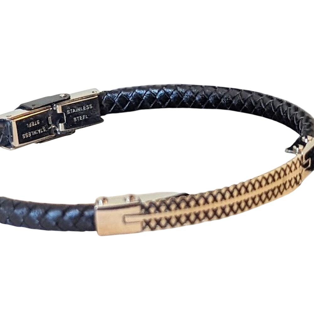 Men's Stainless Steel 6mm Black Leather Bracelet 8 1/2"